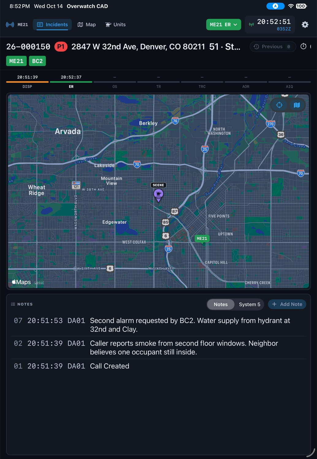 The call page on the iPad: progress rail, map with the scene and the engine, and the notes